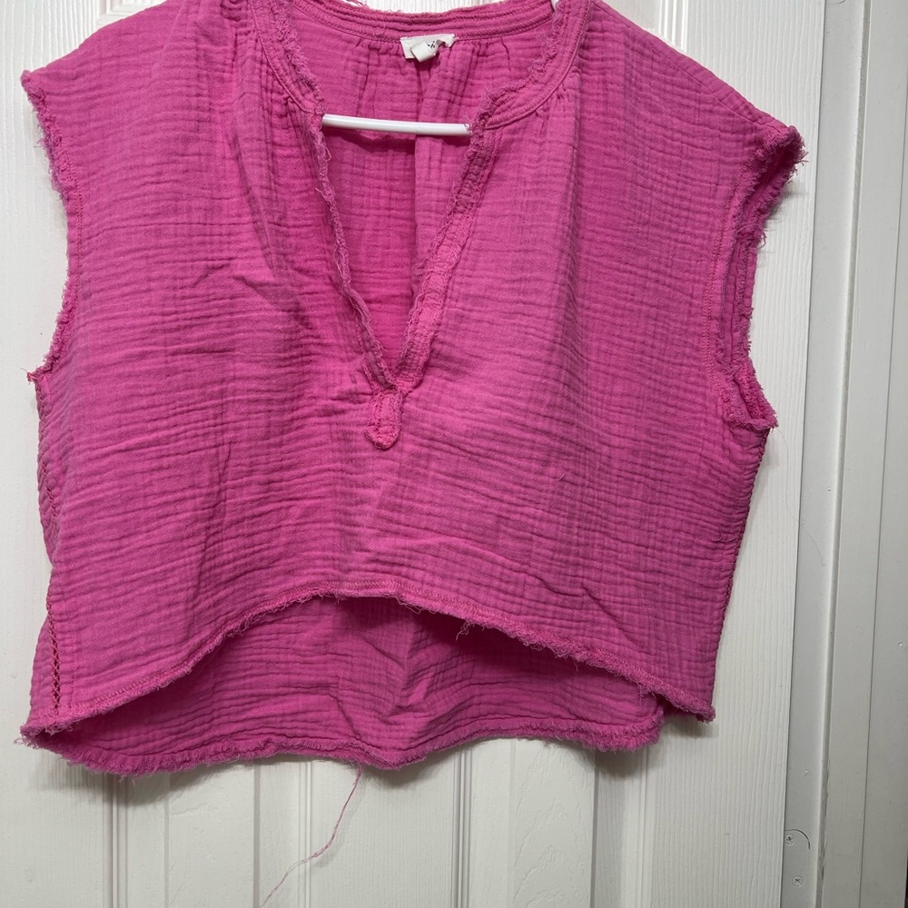 Aerie Pink Mandarin Collar Crop Blouse